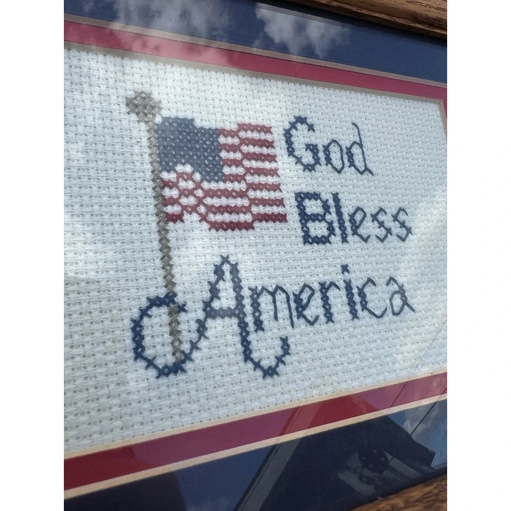 Handmade God Bless America Cross Stitch Framed Patriotic Flag Wall Art 9.5x7.5